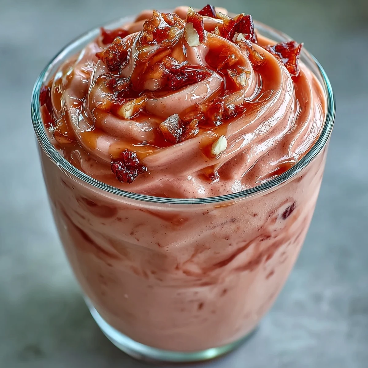 Sweet guava juice smoothie topped with fresh fruit and honey drizzle, perfect for an easy breakfast or snack.