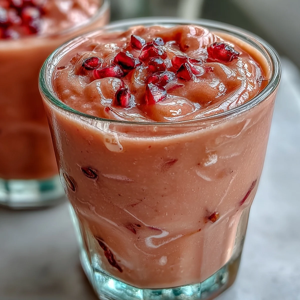Refreshing guava juice smoothie with tropical frozen fruit and Greek yogurt poured into a clear glass with a straw.