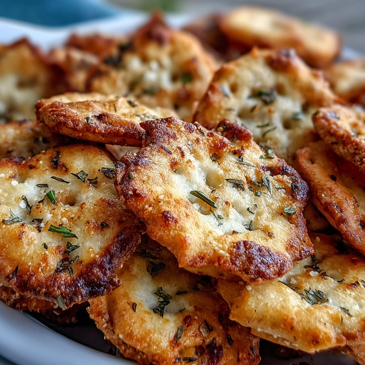 Savory Ranch Oyster Crackers coated in buttery ranch seasoning and herbs, served in a white ceramic bowl.
