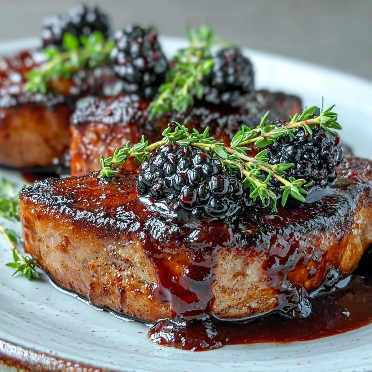 Four pan-seared Bourbon Blackberry Pork Chops are plated with a glossy dark purple glaze and fresh blackberries, garnished with thyme.
