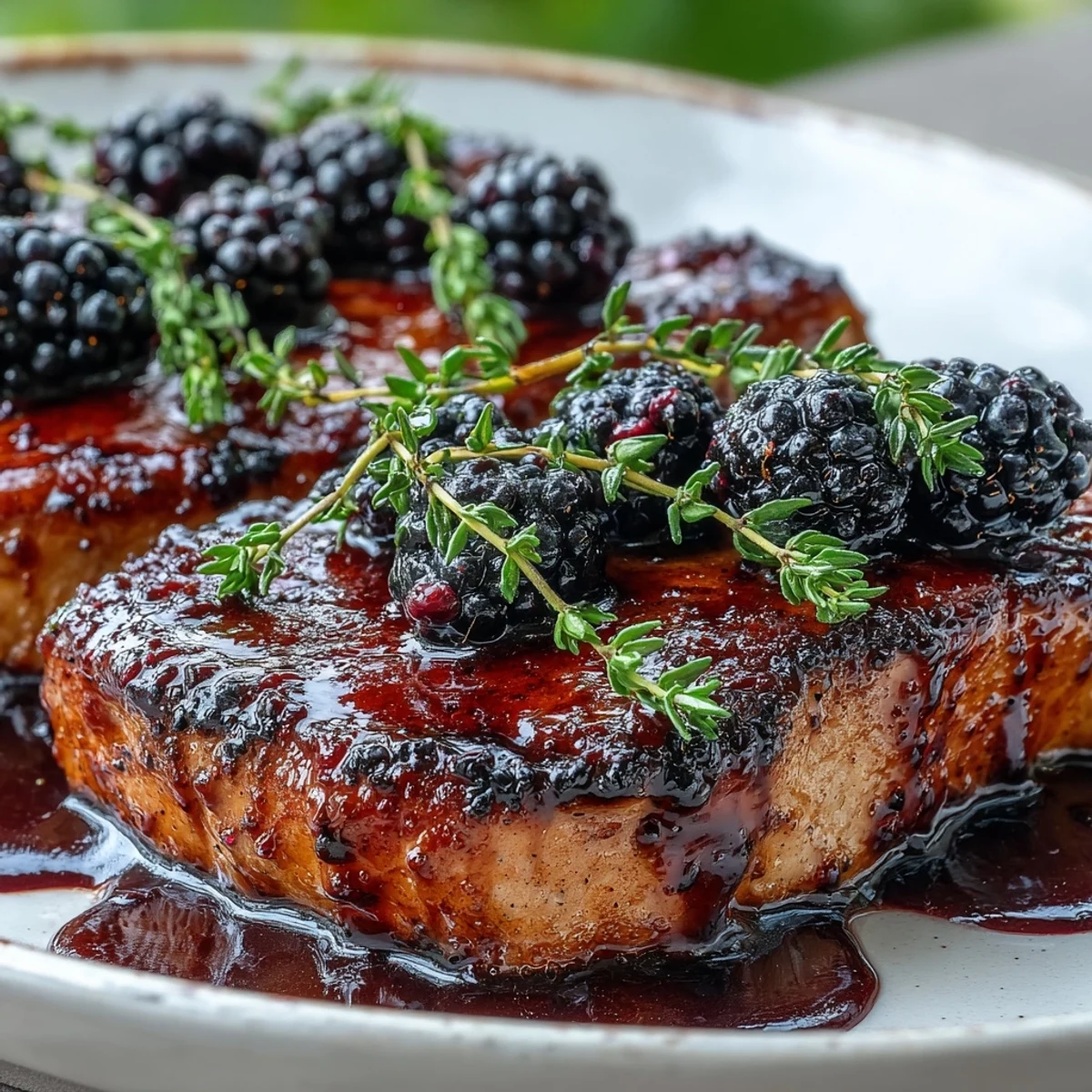 Fresh blackberries simmer in a skillet with a savory bourbon sauce as Bourbon Blackberry Pork Chops finish with a glossy glaze.