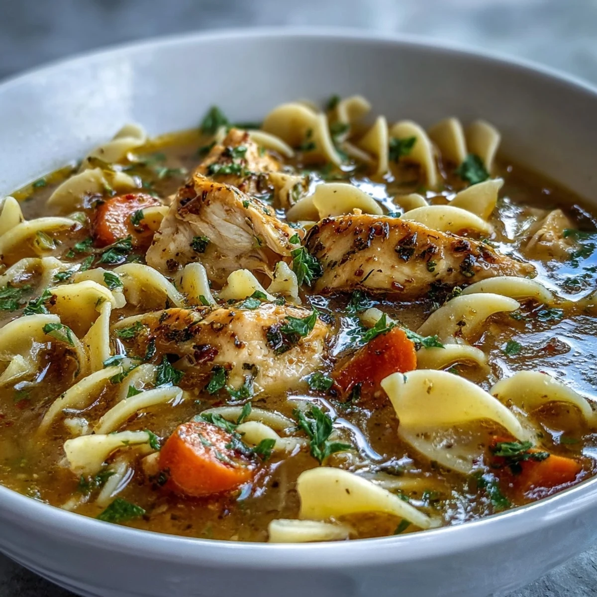 Creamy coconut ginger turmeric chicken soup with tender chicken and noodles in a white bowl.