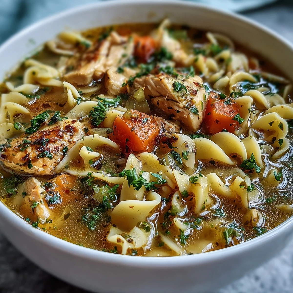 Close-up of vibrant yellow ginger turmeric chicken soup with shredded chicken and soft egg noodles.