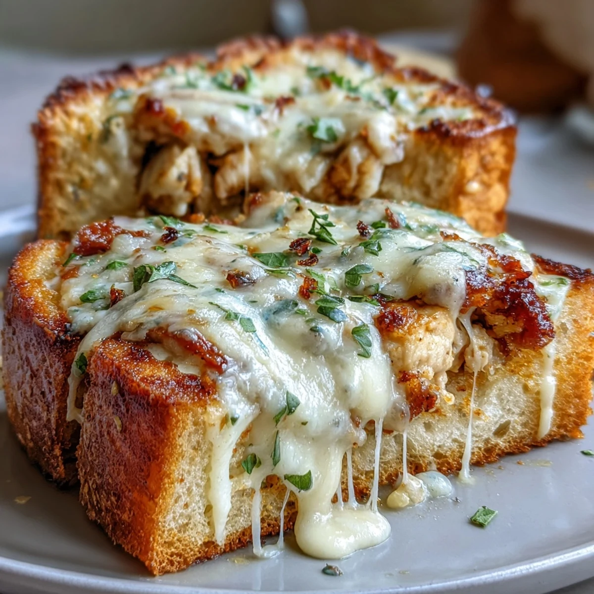 Golden-brown toasted Italian bread halves loaded with creamy chicken Alfredo and melty mozzarella cheddar topping.