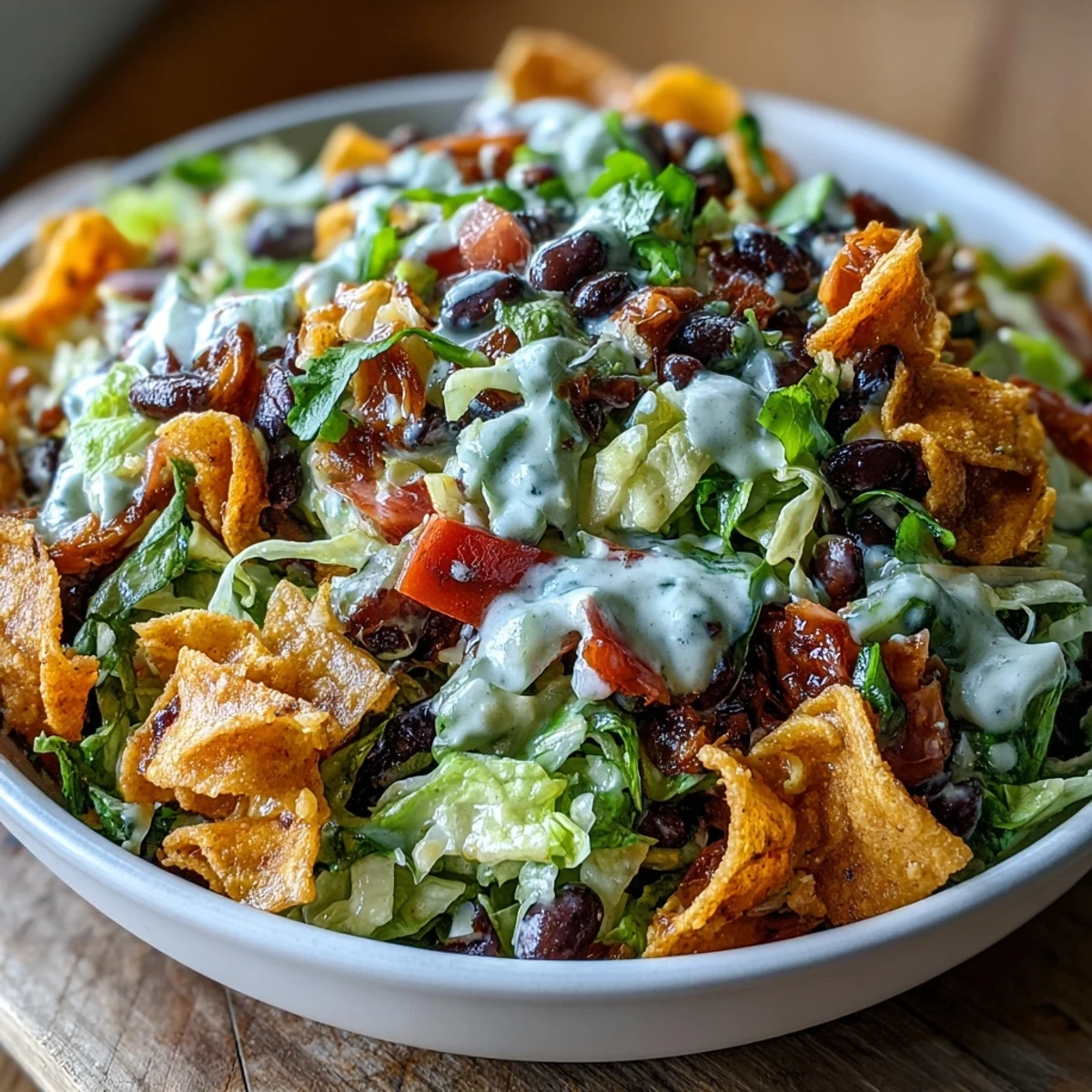Bright and colorful bowl of Frito Cowboy Cabbage, featuring a creamy chipotle dressing, black beans, and crunchy Chili Cheese Fritos for a Southwestern twist.