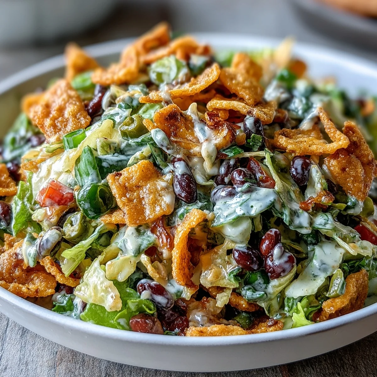 A close-up look at Frito Cowboy Cabbage, showcasing crisp coleslaw mix, red bell peppers, and green onions tossed in a smoky, tangy chipotle dressing.