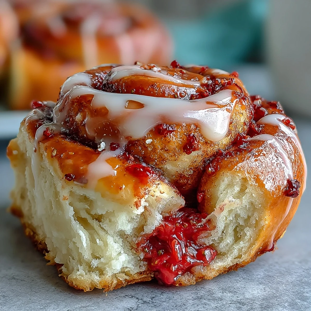 Gooey Strawberry Cinnamon Rolls with brioche dough and strawberry jam filling, ready to serve on a baking sheet.