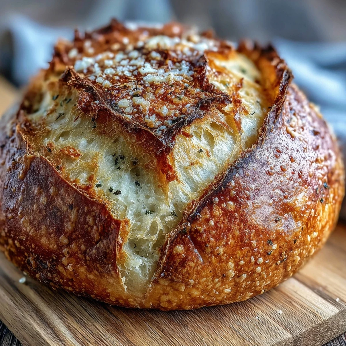 Golden-crusted Perfect Parmesan Garlic Artisan Bread with a tender, cheesy crumb, ready to slice and serve.