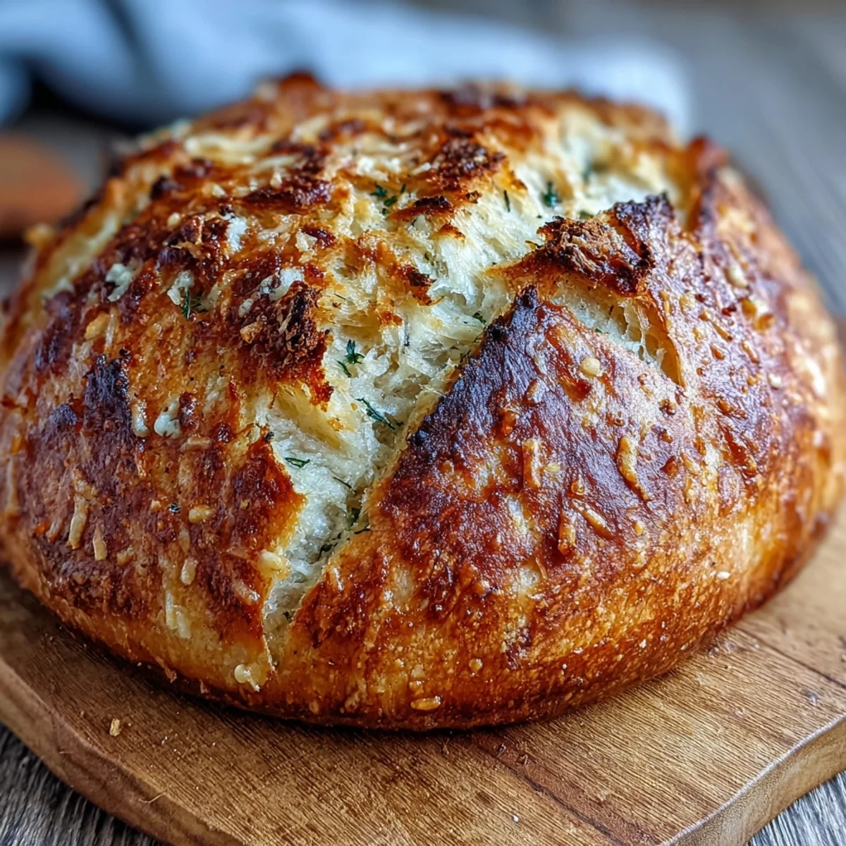 Rustic Perfect Parmesan Garlic Artisan Bread loaf with bubbly crumb, paired beside a warm bowl of soup.