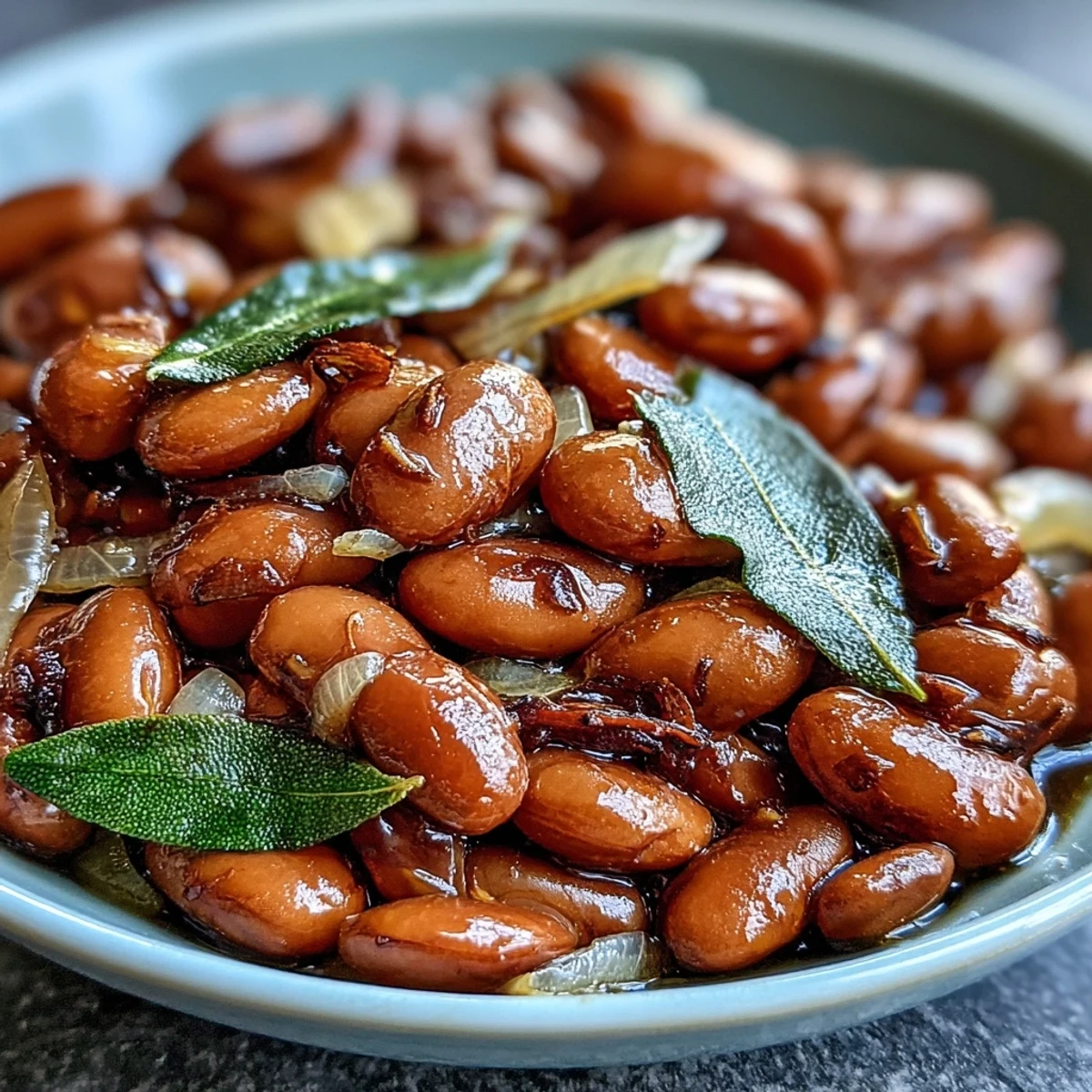 Creamy tender pinto beans simmered with garlic and onions served warm in a rustic bowl.