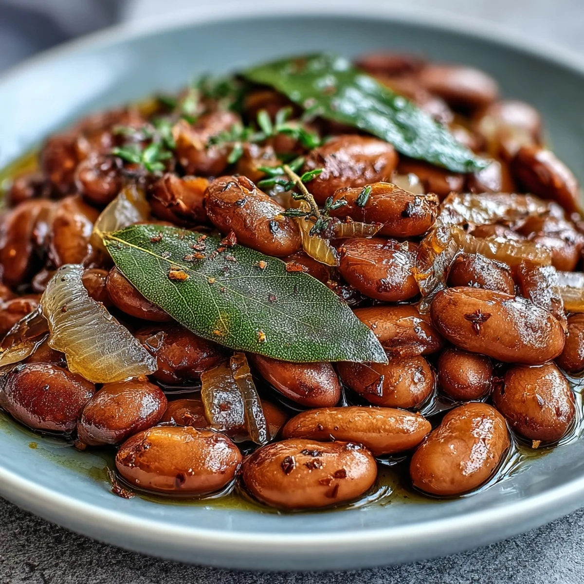 Slow-simmered pinto beans with bay leaves on a plate ready for taco filling.