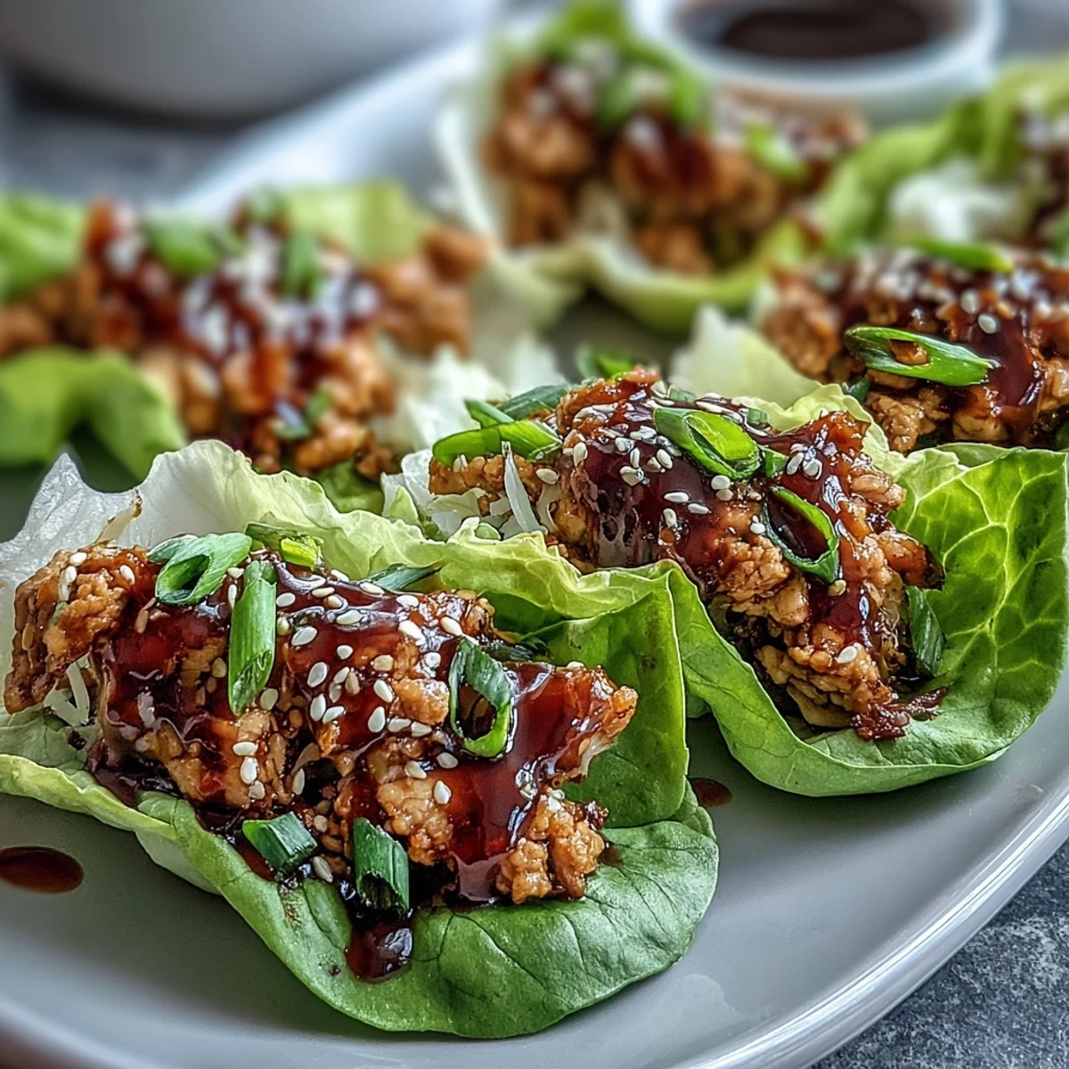 Savory Potsticker-Inspired Chicken Lettuce Boats served with a drizzle of spicy dipping sauce and a sprinkle of sesame seeds.
