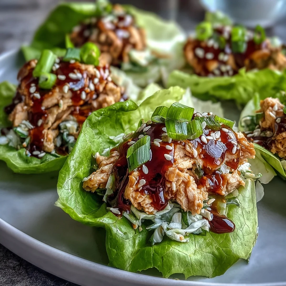 Juicy Potsticker-Inspired Chicken Lettuce Boats garnished with green onions, ready to serve for a low-carb weeknight dinner.