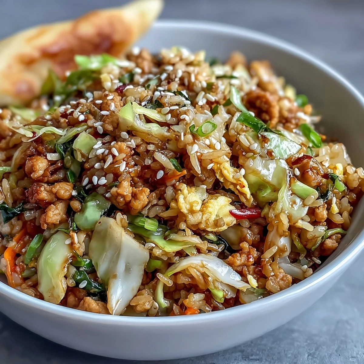 Sizzling ground chicken and crisp cabbage in a skillet, making the easy Crispy Chicken Fried Rice with Egg Roll Flavors for dinner.