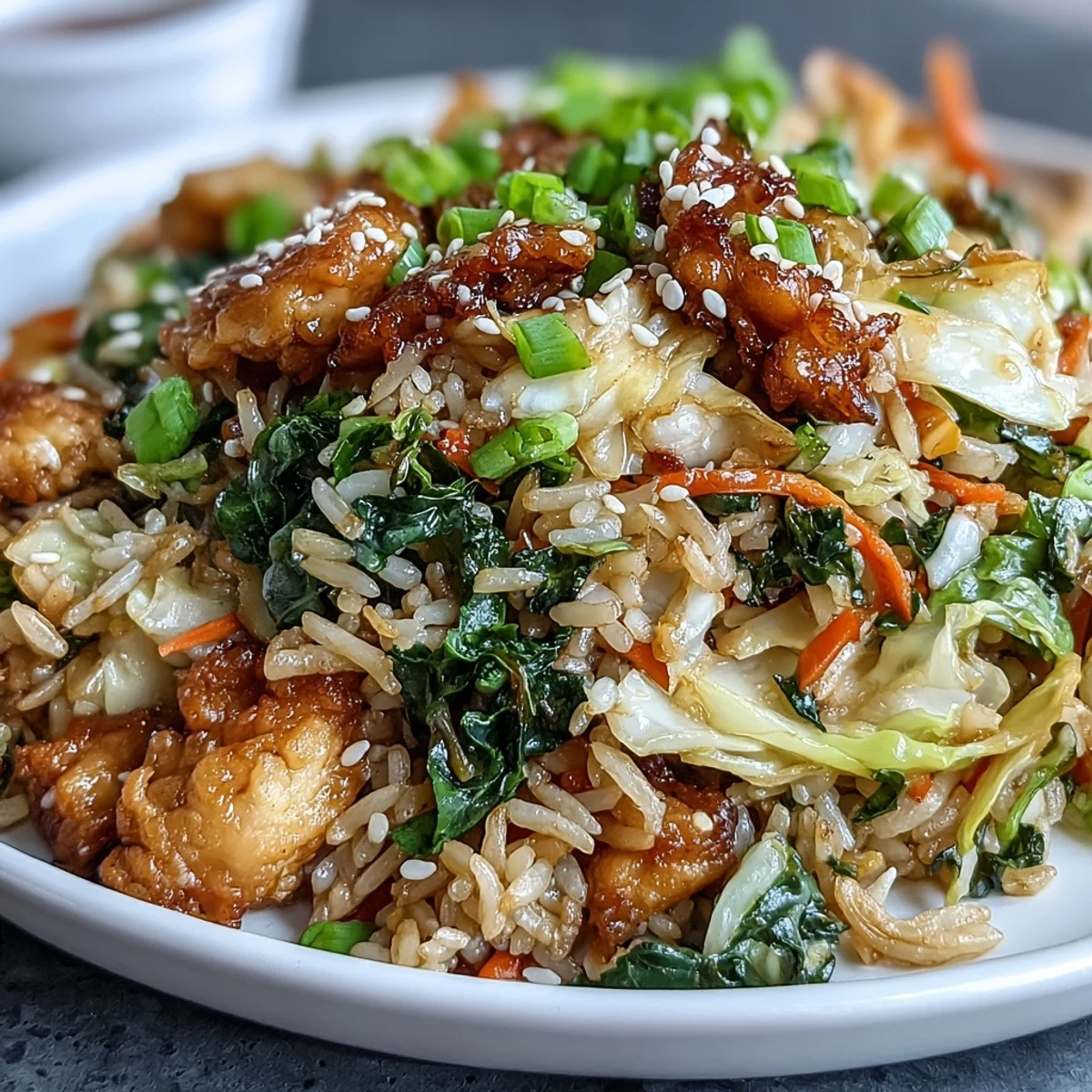 A steaming bowl of the finished Crispy Chicken Fried Rice topped with green onions and sesame seeds, ready to serve.