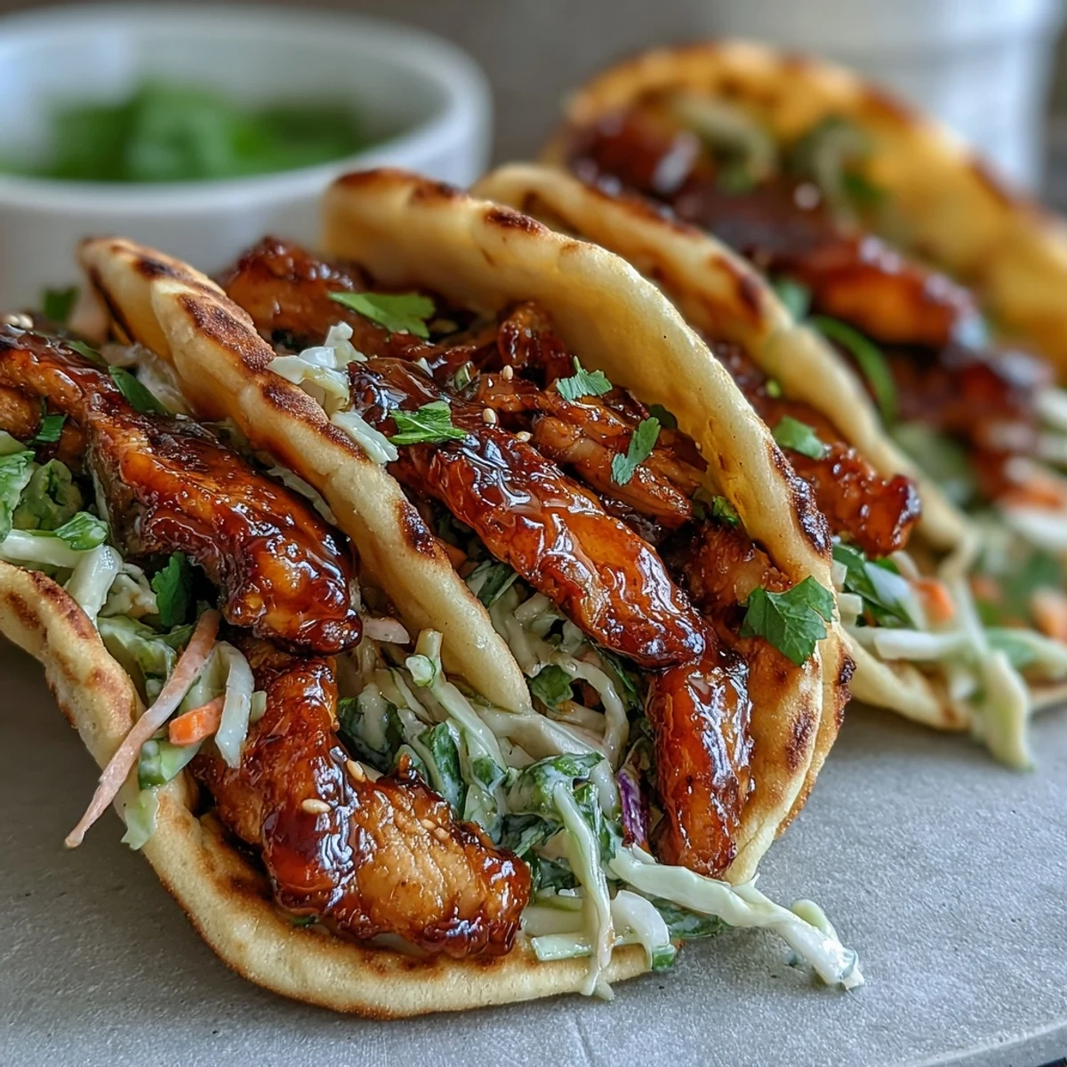 Two Honey Garlic Naan Chicken Tacos rest on a white plate, garnished with cilantro and lime.
