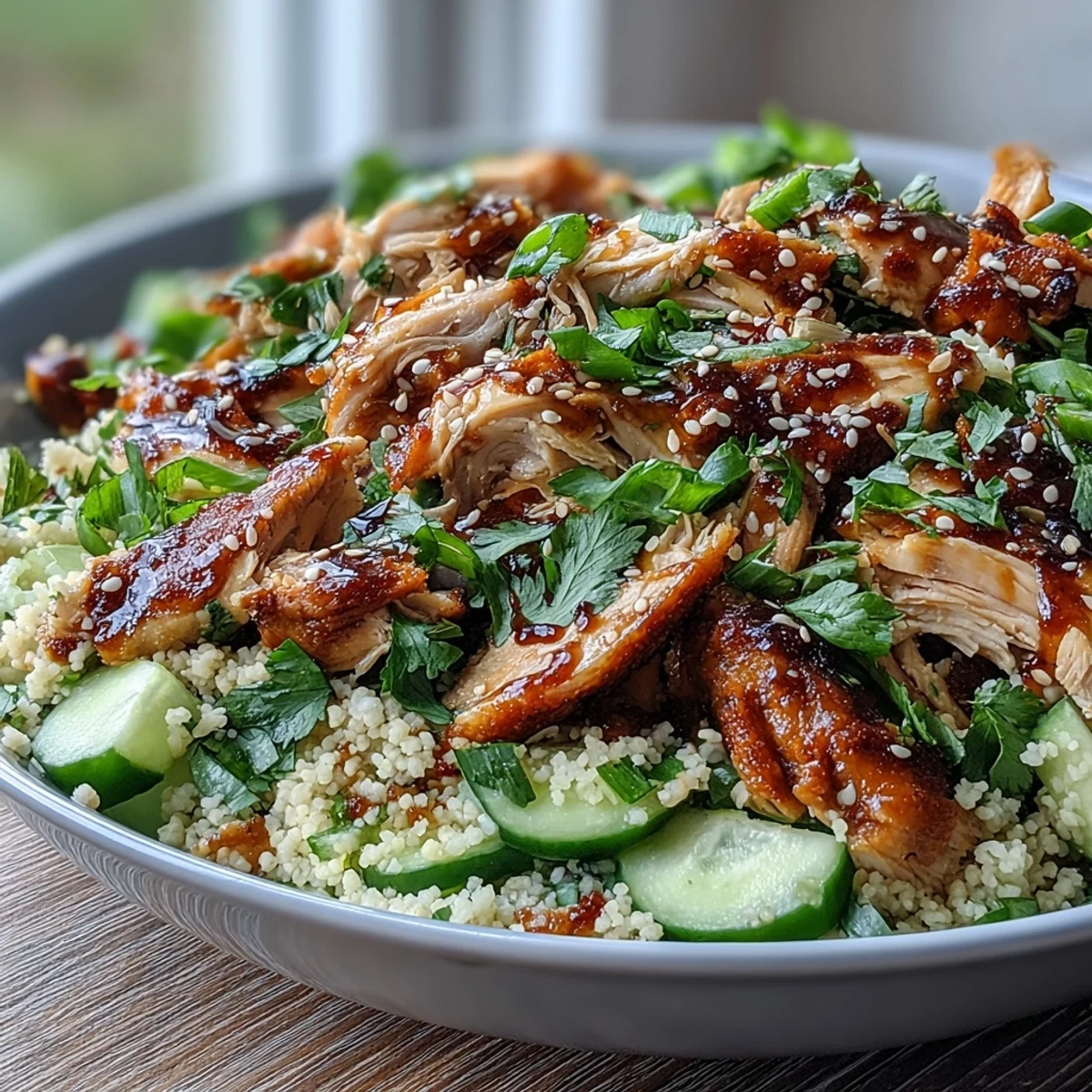 A vibrant bowl of Asian Sesame Chicken Couscous Salad, featuring chewy couscous, shredded chicken, and crisp cucumbers tossed in a sesame-soy dressing.