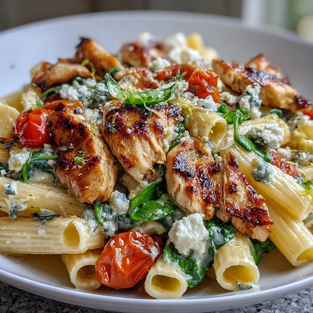 Steaming bowl of Roasted Garlic & Feta Chicken Pasta featuring roasted chicken and spinach.