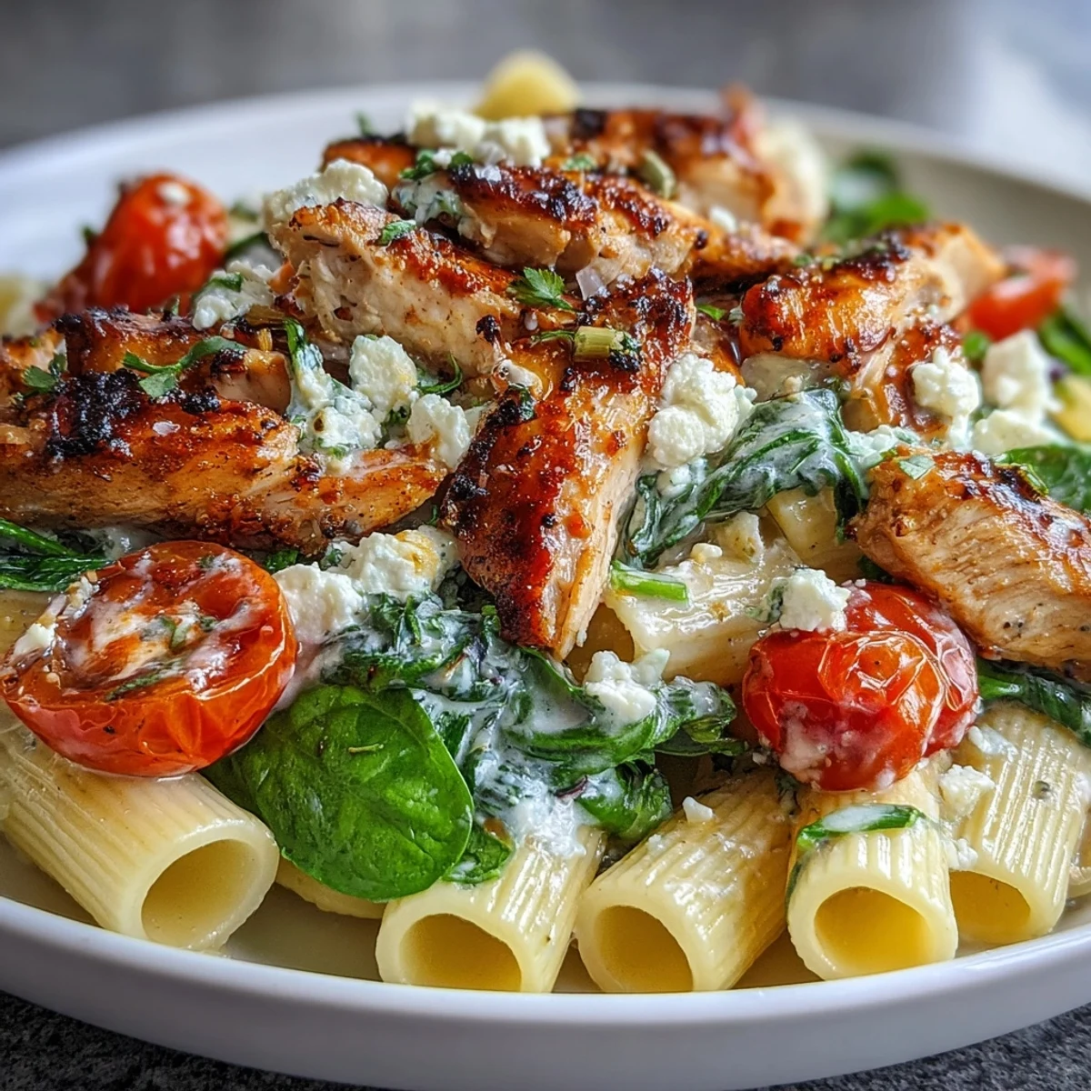 Roasted Garlic & Feta Chicken Pasta served in a skillet with melted feta crumbles.