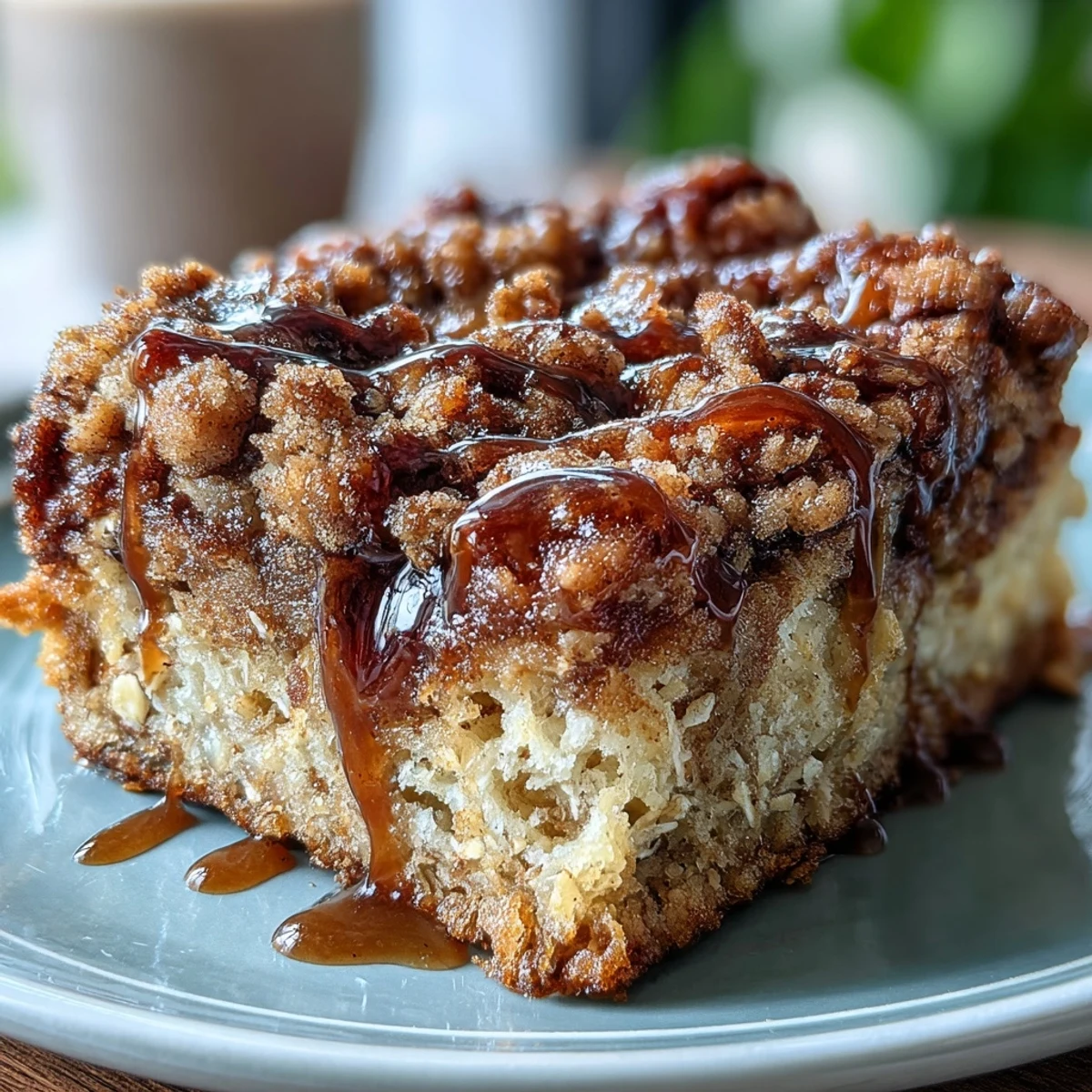 A warm slice of High-Protein Cinnamon Swirl Coffee Cake Oats reveals a marbled cinnamon ribbon, ready to be enjoyed with a cup of coffee.
