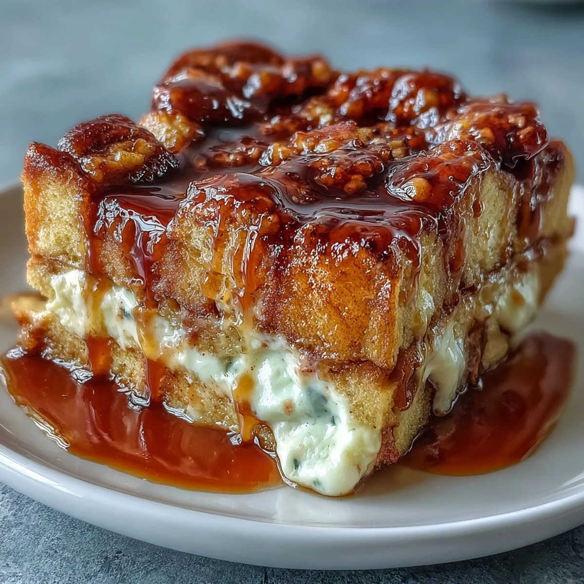 Freshly baked Caramel Cream Cheese French Toast Casserole in a 9x13 dish with golden, puffed bread.