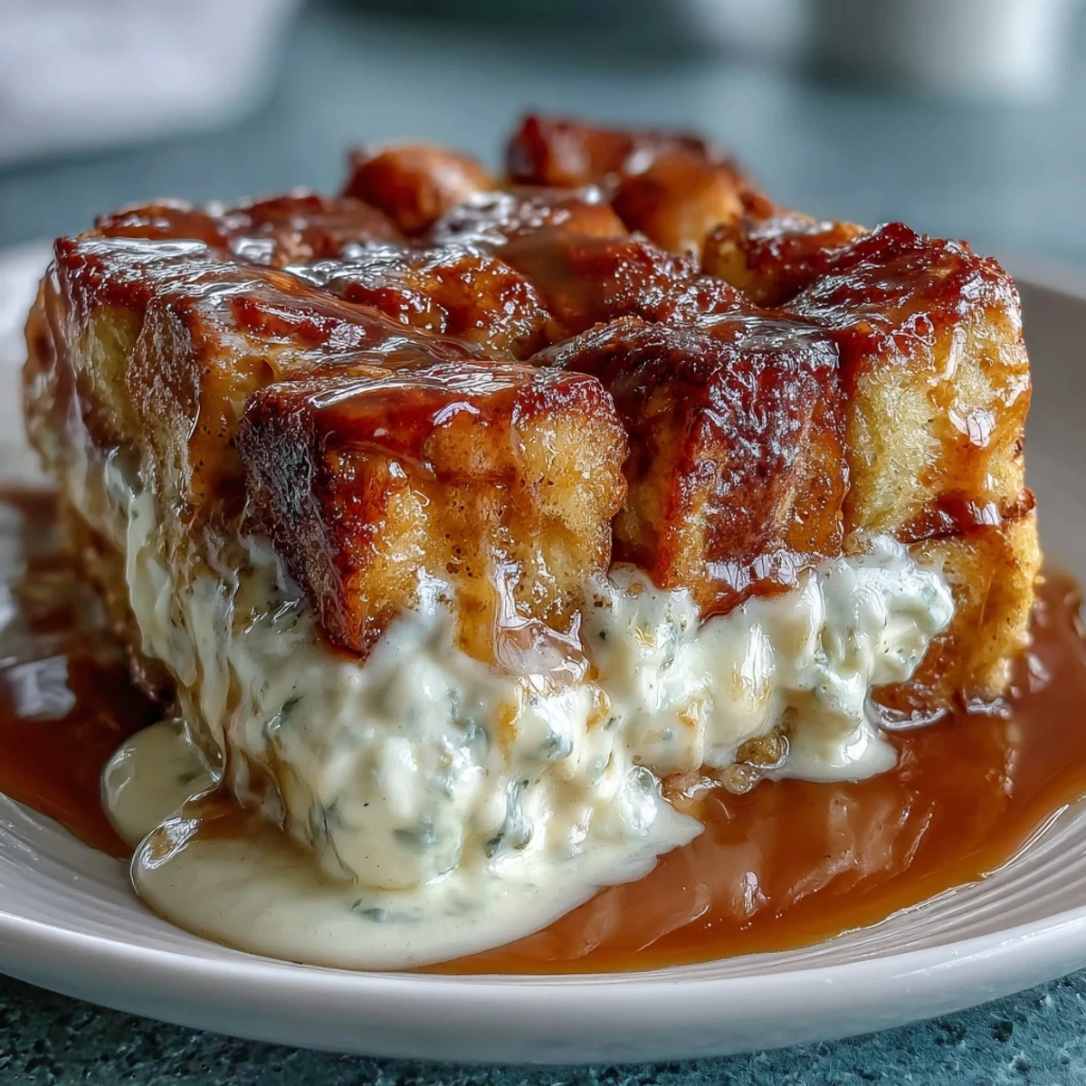 Warm slices of Caramel Cream Cheese French Toast Casserole served with fresh berries and extra caramel.
