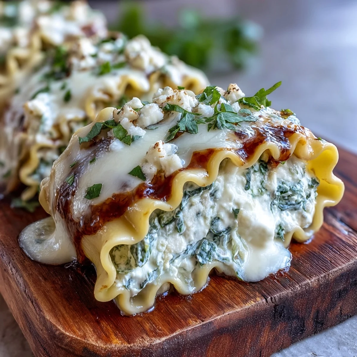 Freshly baked Garlic Butter Lasagna Roll-Ups filled with ricotta, mozzarella, and spinach, topped with golden melted cheese and herbs.