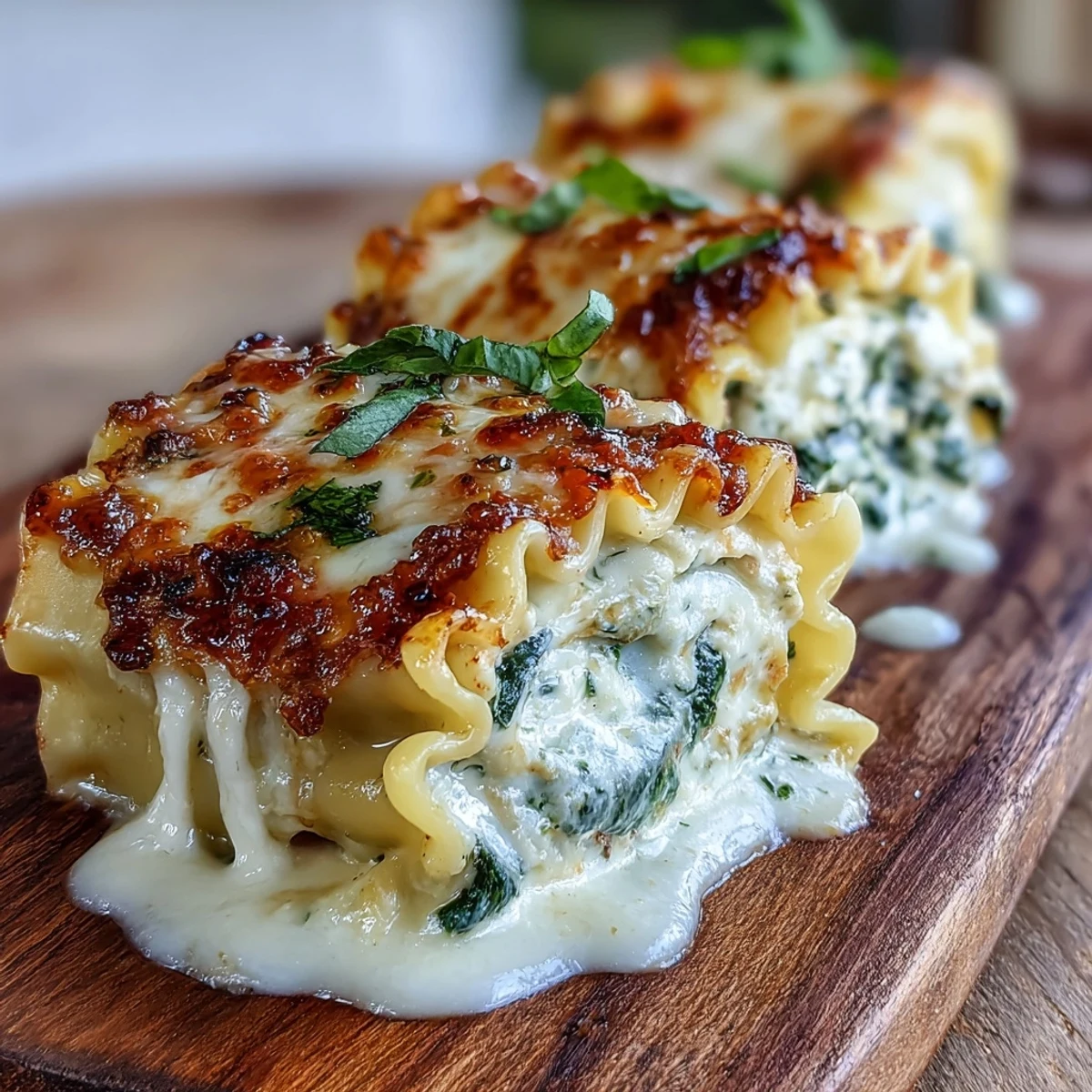 Cheesy Garlic Butter Lasagna Roll-Ups presented in a white baking dish, featuring golden bubbly tops and a side of crusty bread.