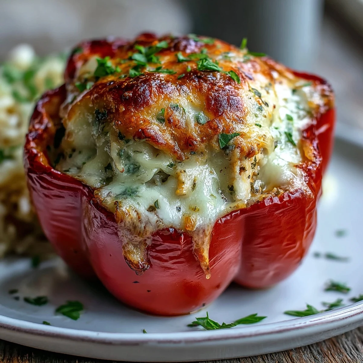 A close-up of a bubbling, cheesy Garlic Parmesan Chicken Stuffed Pepper on a rustic plate.