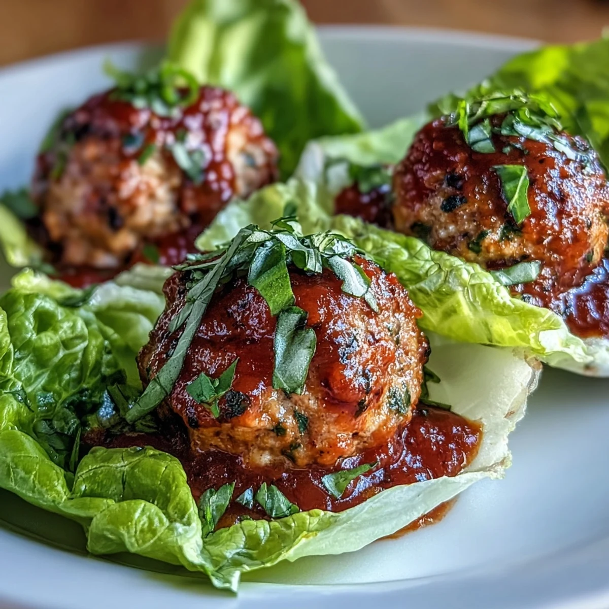 Savory turkey meatballs rest in crisp butter lettuce cups, drizzled with a bright homemade marinara and topped with fresh basil.