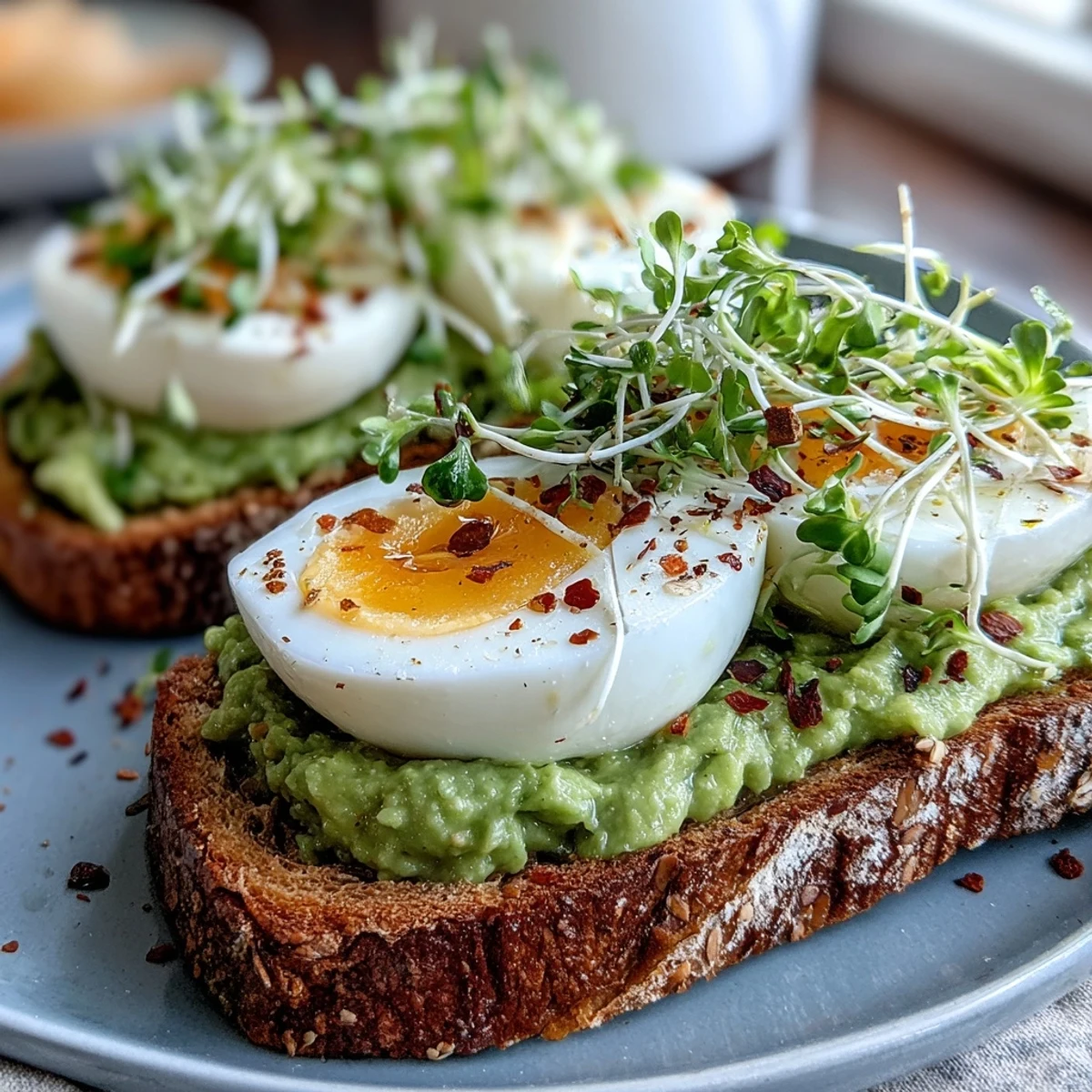 Creamy smashed avocado and soft-boiled egg brighten this Clean Eating Avocado Toast with Microgreens breakfast.
