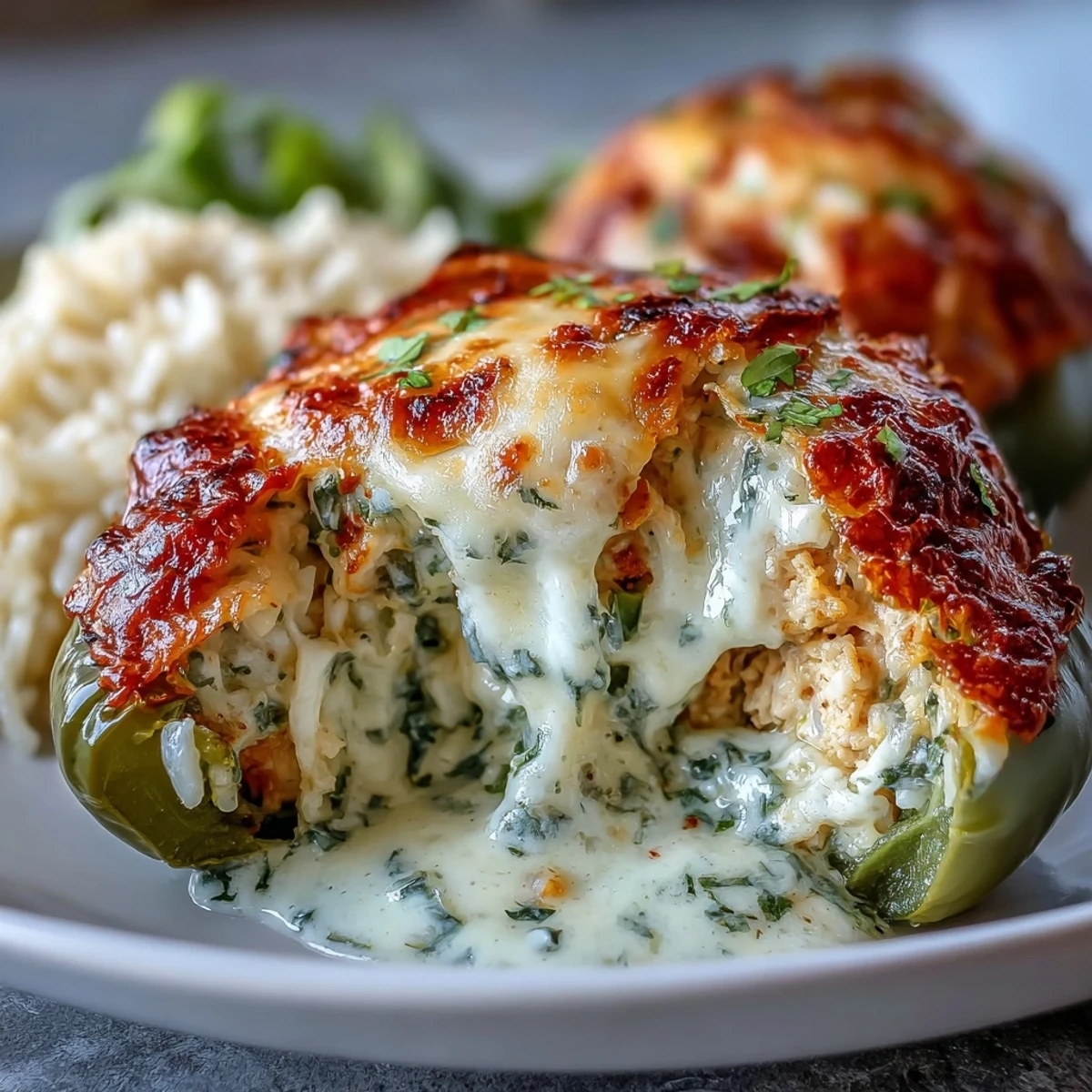 Golden-brown bell peppers are filled with creamy Garlic Parmesan Chicken Stuffed Peppers and bubbling cheese.