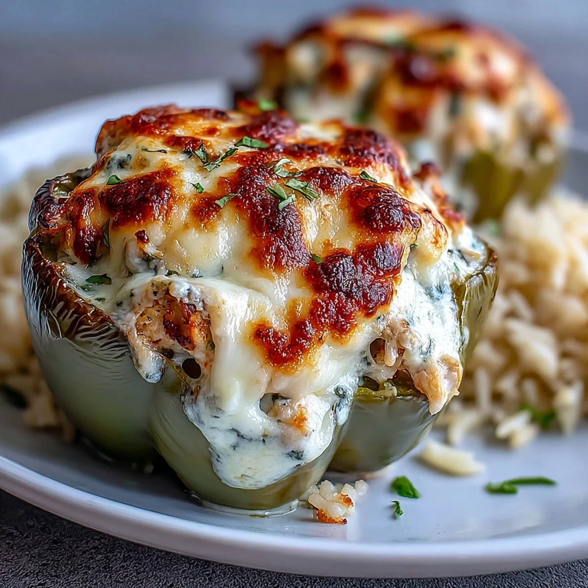 Four vibrant bell peppers cradle rich Garlic Parmesan Chicken Stuffed Peppers with a spoon ready to serve.