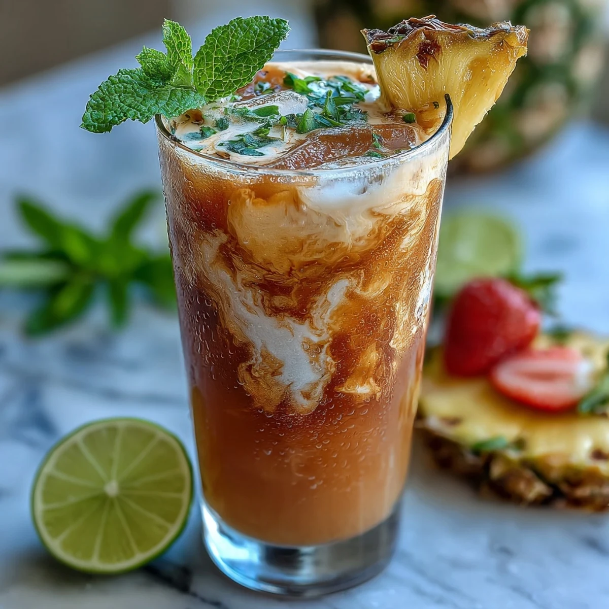 Refreshing homemade iced guava passionfruit drink with creamy coconut milk, perfect for cooling off on a hot day.