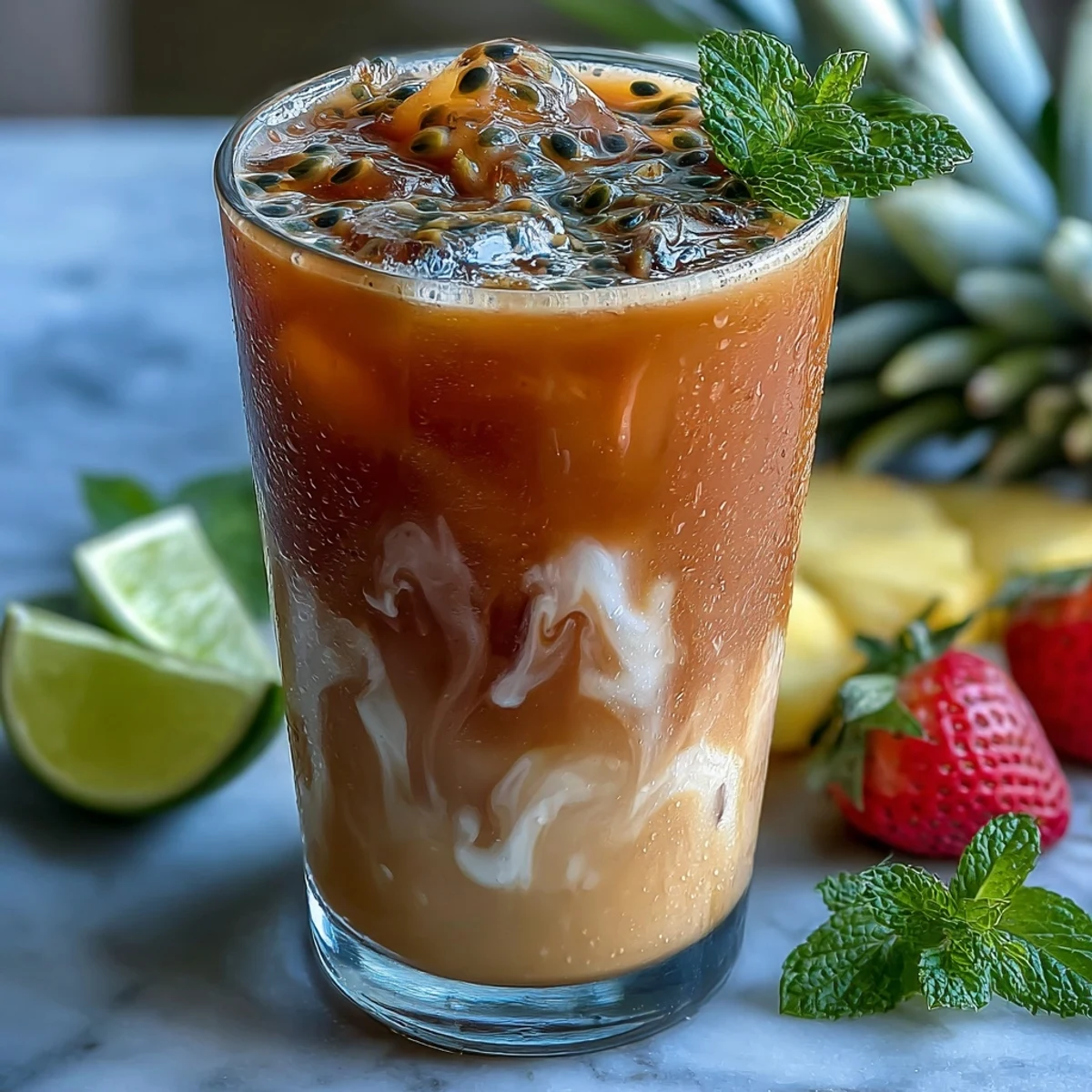 Vibrant tropical guava and passionfruit beverage served over ice with a hint of coconut, garnished with fresh mint and lime.