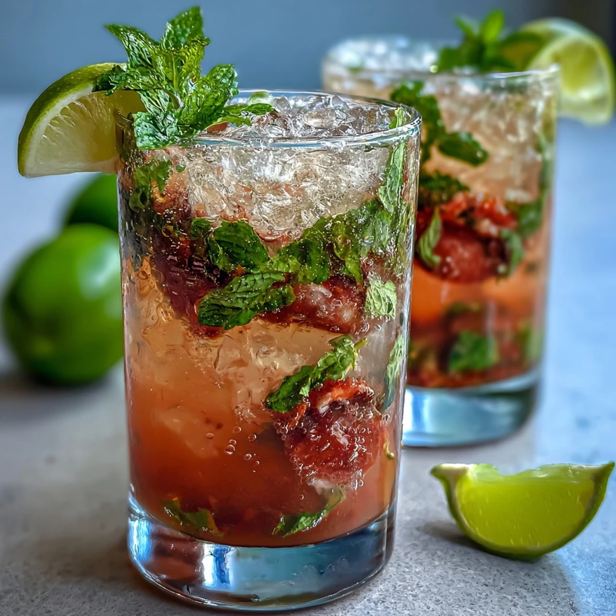 Refreshing guava mojito cocktail with fresh mint, lime, and rum served over crushed ice in a tall glass.