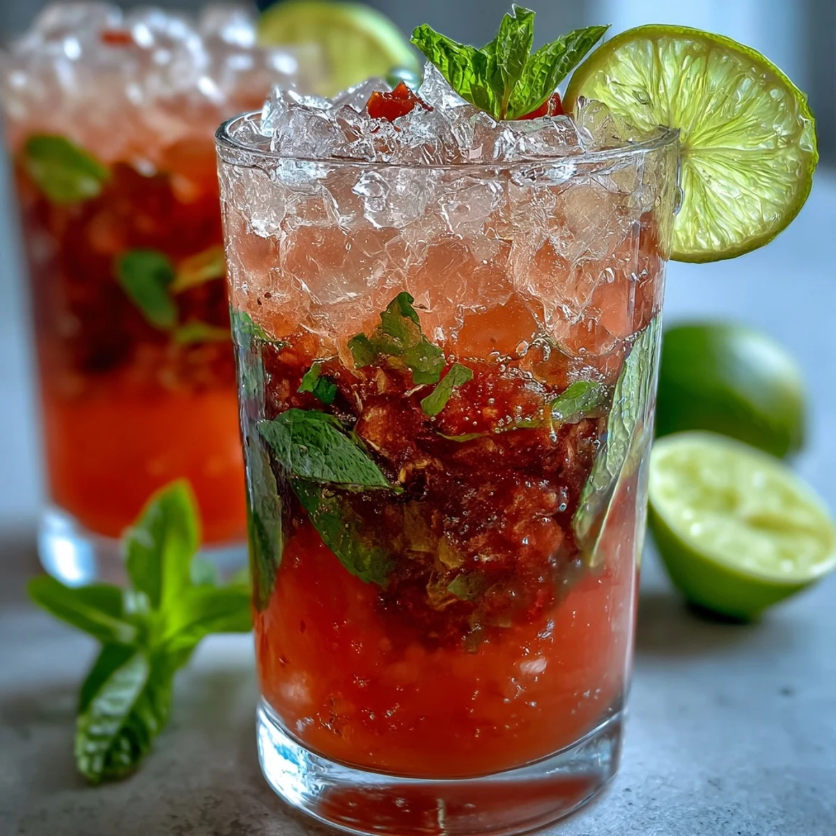 Vibrant tropical guava mojito garnished with mint sprig and lime wheel, perfect for summer sipping.