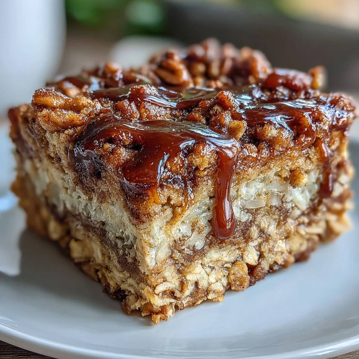 High-protein cinnamon swirl coffee cake oats baked in a square dish with a golden crumble topping and visible cinnamon swirls throughout.