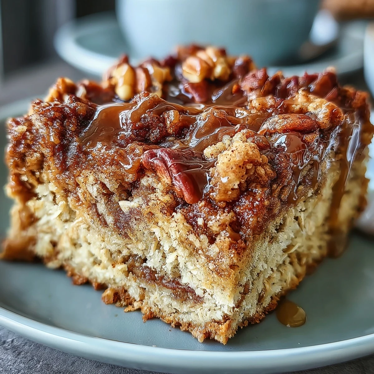 A close-up of protein-packed baked oats with a crumbly streusel topping, swirled with cinnamon for a cozy, nutritious breakfast.