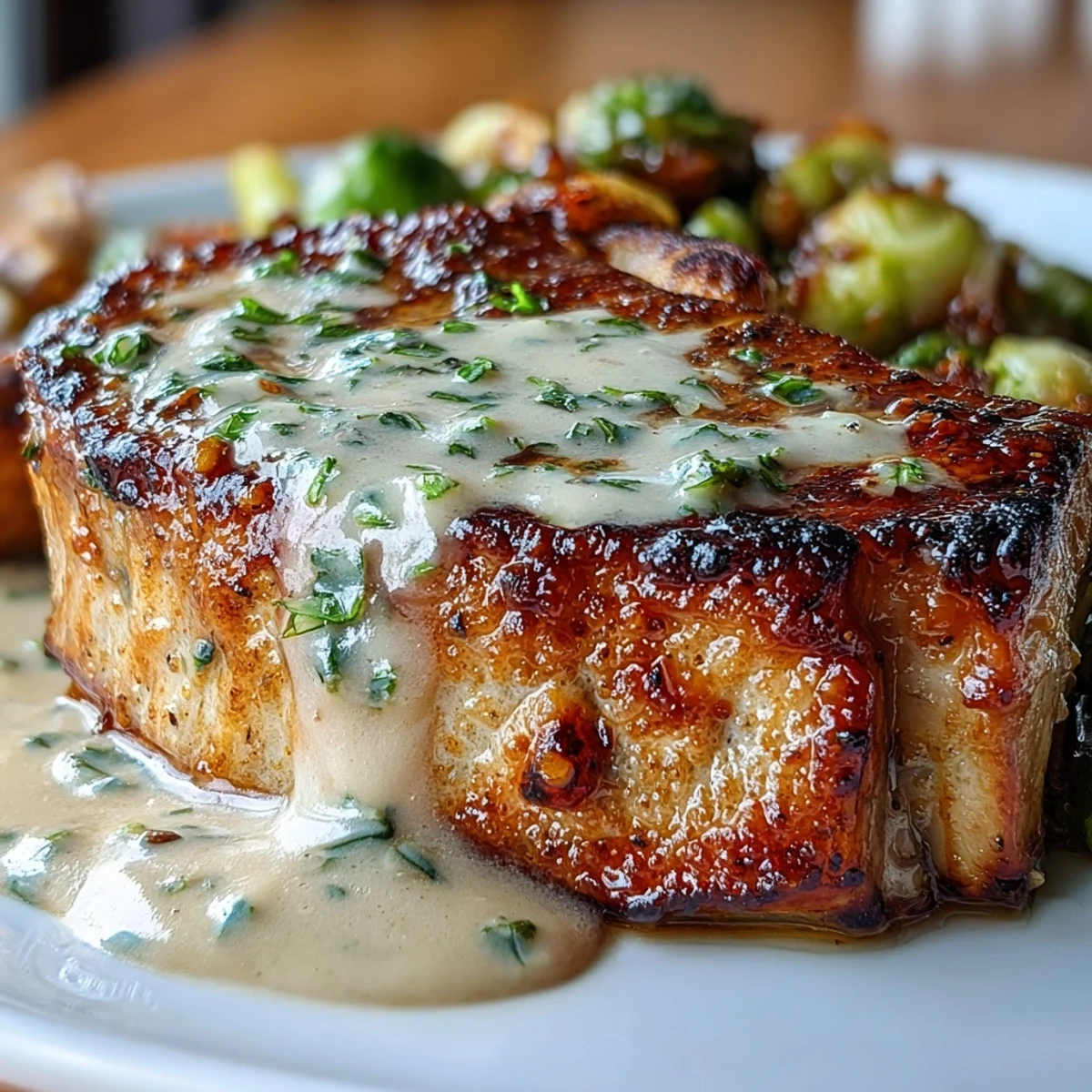 Keto creamy Dijon pork chops with roasted Brussels sprouts in a rich, tangy mustard cream sauce.
