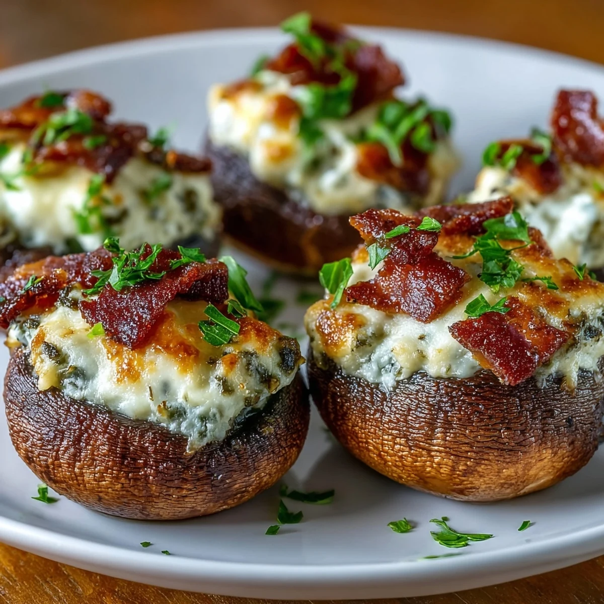 Delicious keto bacon and cheese stuffed mushrooms, oven-baked to golden perfection with a creamy, savory filling and crispy bacon bits on top.