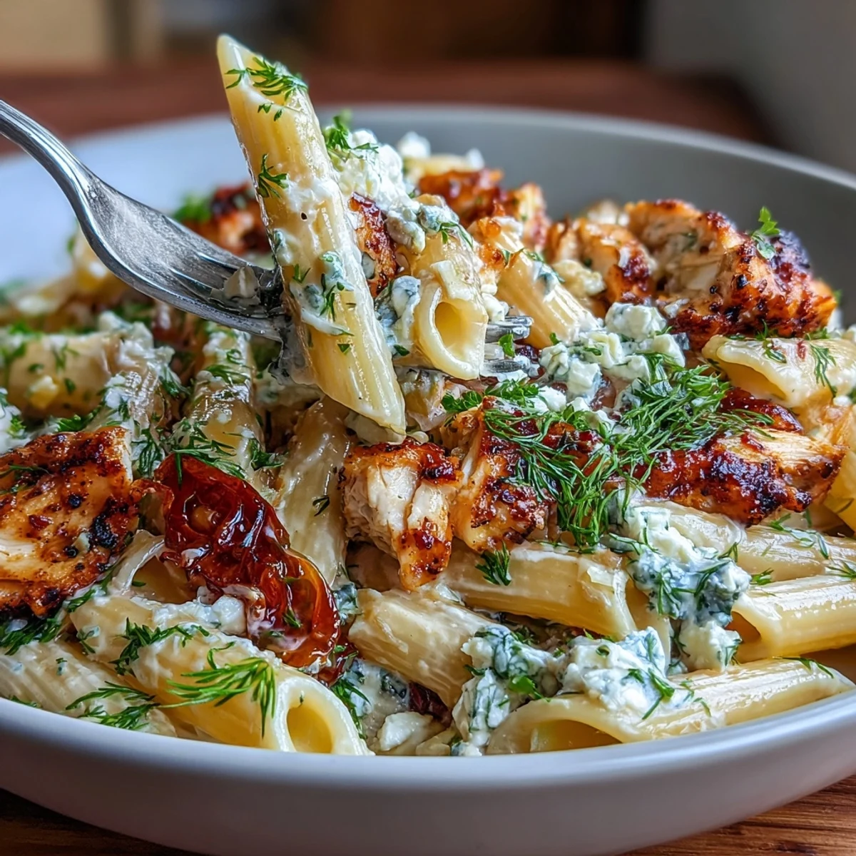 Vibrant Roasted Garlic & Feta Chicken Pasta with tender chicken, creamy feta, and sweet roasted garlic in a light sauce.