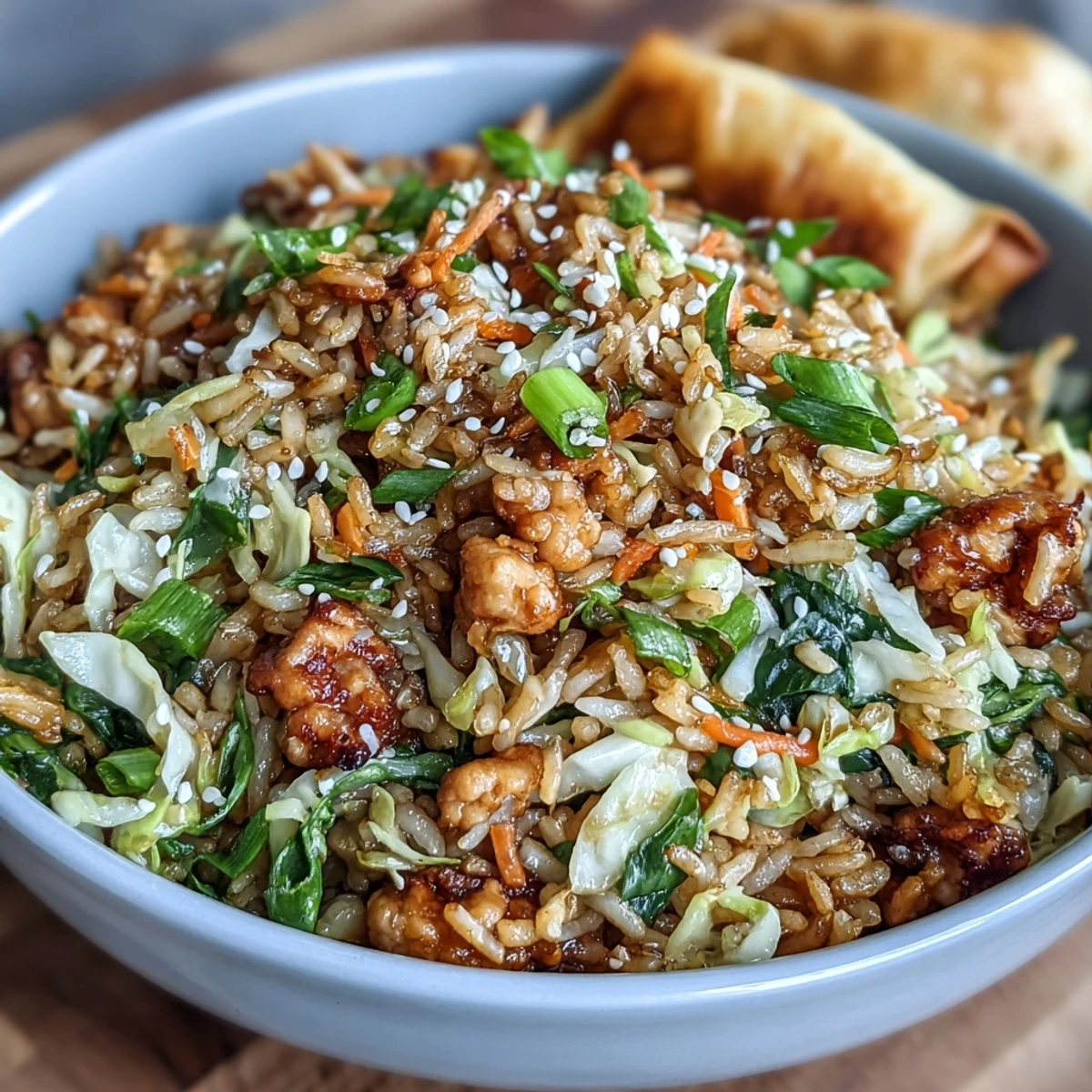 Crispy Chicken Fried Rice with Egg Roll Flavors in a sizzling wok, featuring golden-brown chicken, crisp vegetables, and savory seasonings.
