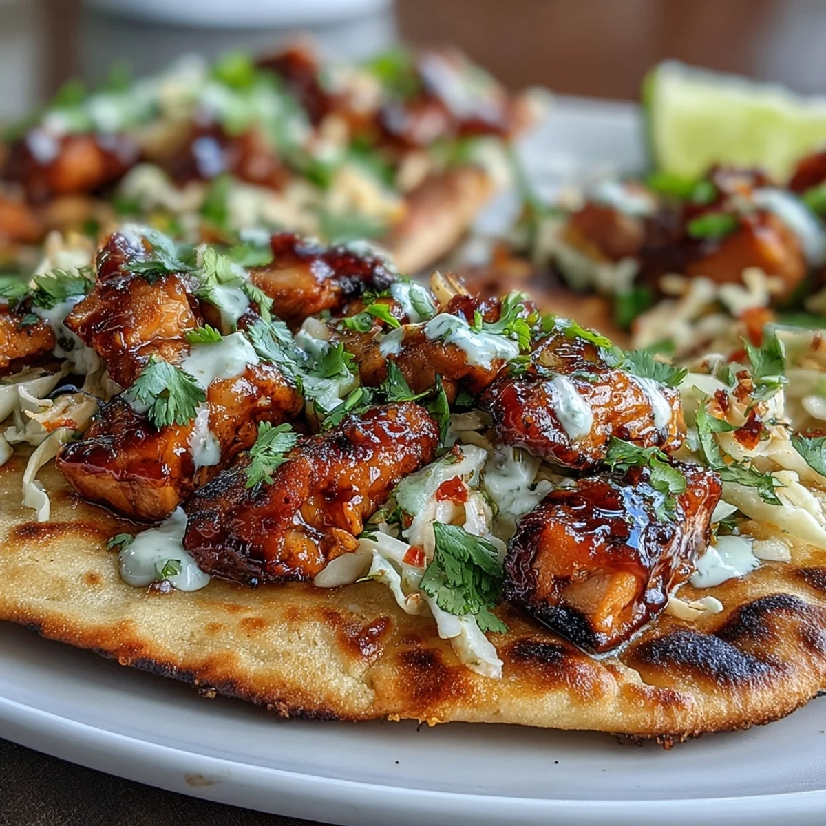 Honey garlic naan chicken tacos topped with vibrant slaw, served on a rustic wooden board for a colorful fusion meal.