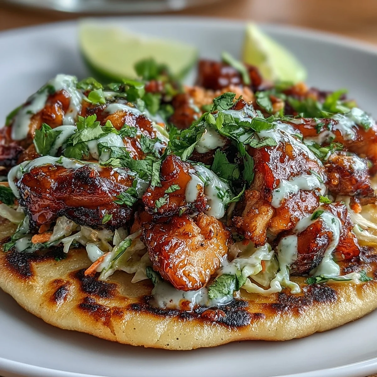 Warm garlic naan wraps filled with honey-glazed chicken and crunchy cabbage slaw, garnished with fresh cilantro and lime wedges.