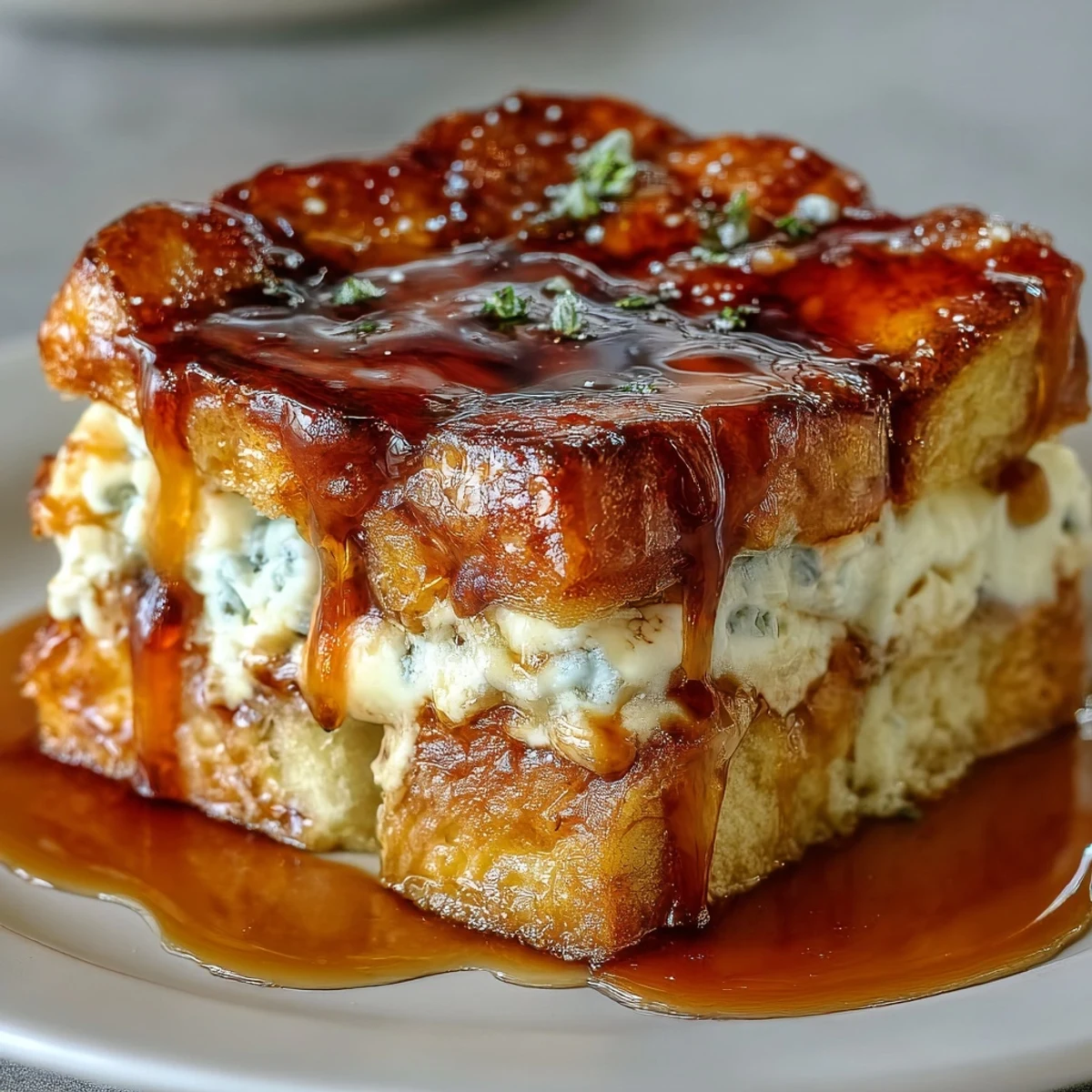 Decadent Caramel Cream Cheese French Toast Casserole with golden brioche, creamy swirls, and rich caramel drizzle, perfect for a special brunch.