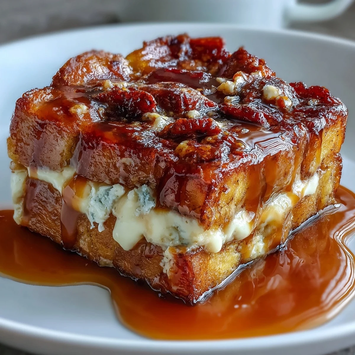 Indulgent Caramel Cream Cheese French Toast Casserole with layers of buttery brioche, creamy filling, and luscious caramel topping, ready for sharing.