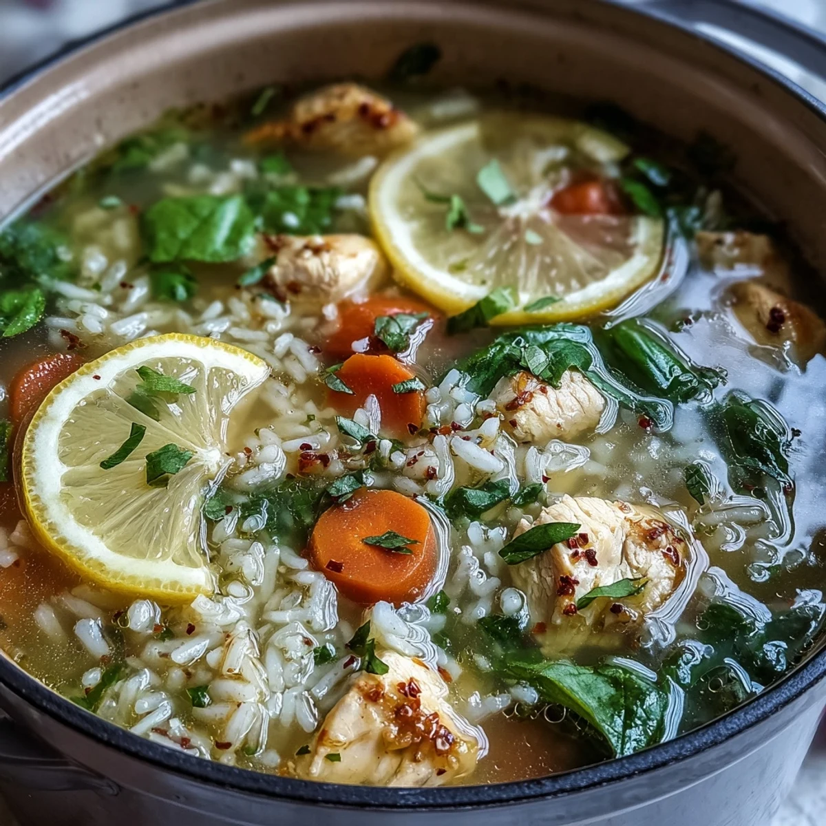 One-pot lemon chicken rice soup with vibrant veggies, tender chicken, and zesty lemon in a comforting broth.  