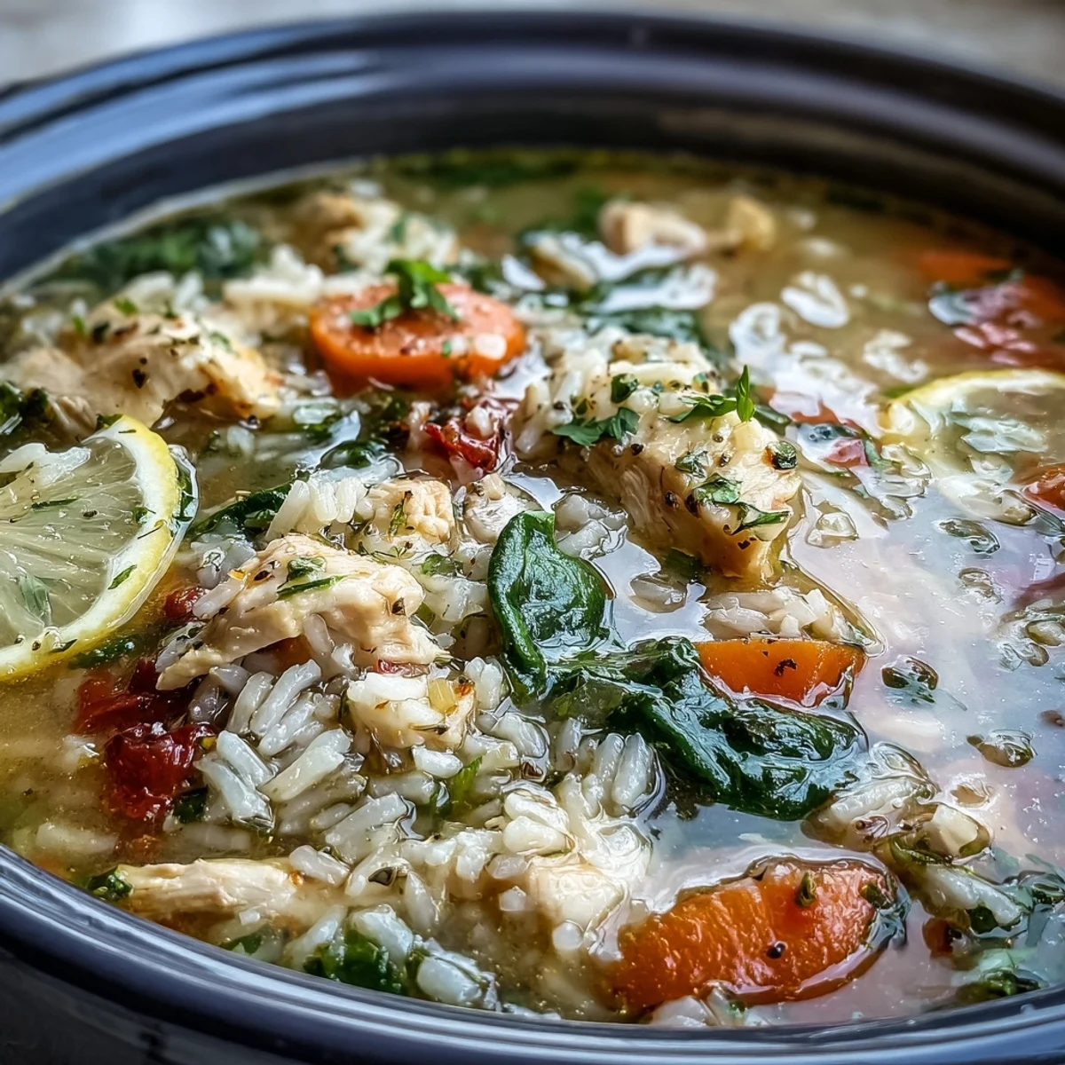 A steaming bowl of lemon chicken rice soup with spinach and carrots, garnished with parsley and lemon slices.