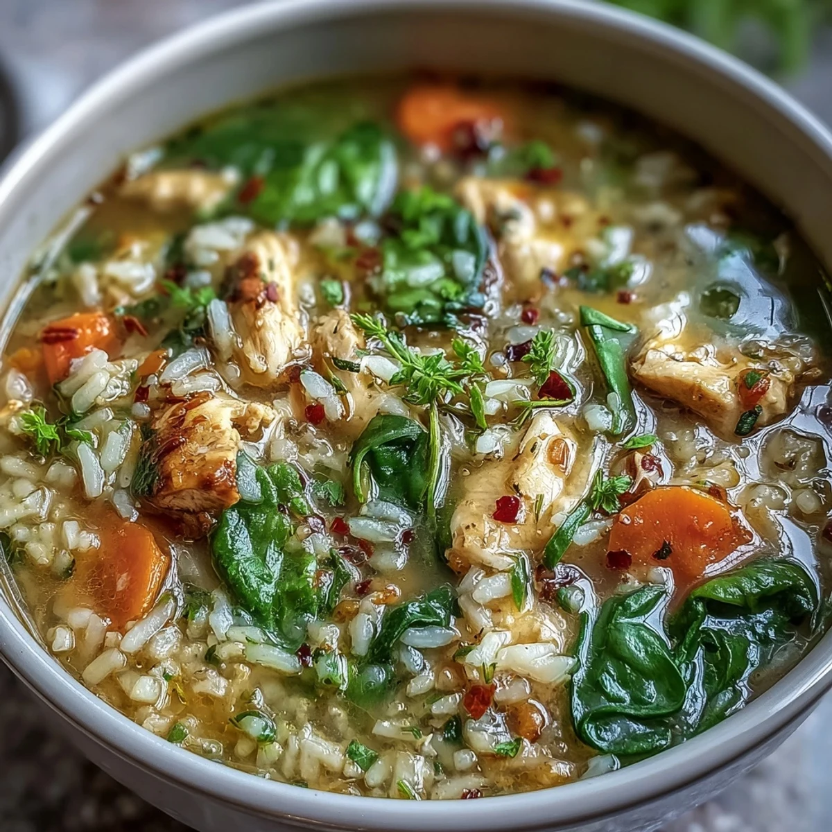 Fluffy rice and colorful vegetables simmer in a hearty chicken soup, brightened by fresh lemon and aromatic herbs.  